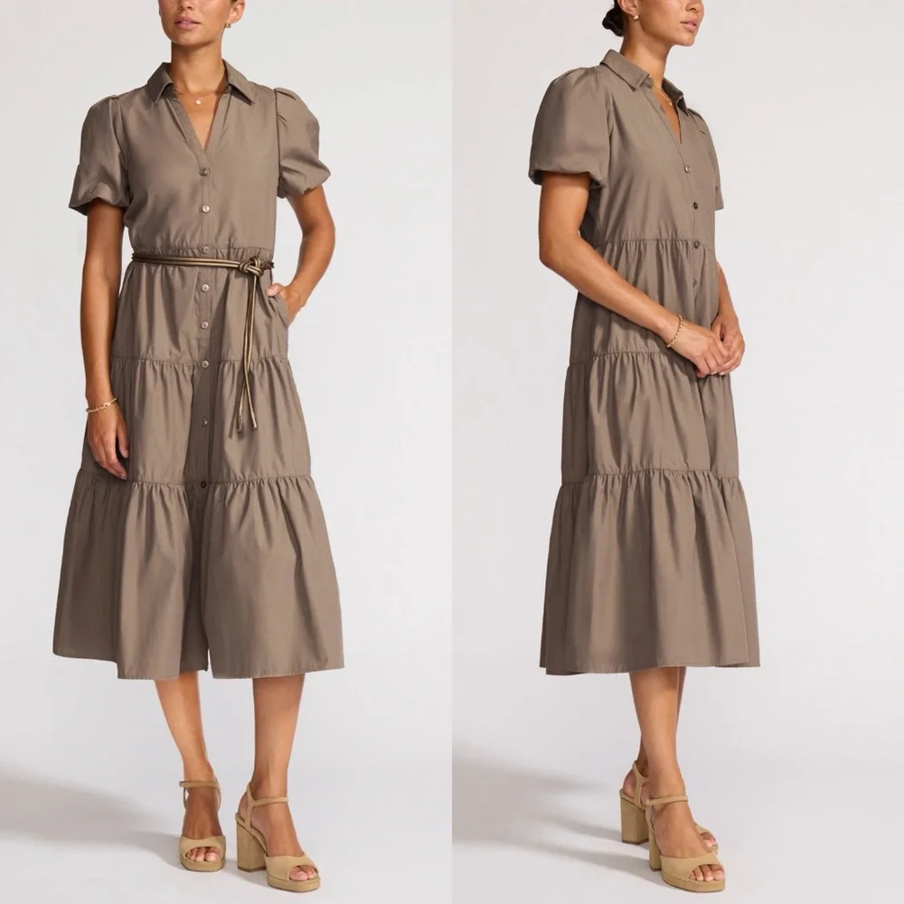 Brochu Walker The Havana Dress In Terra Brown Tiered Midi Dress Large $348 - Picture 3 of 13